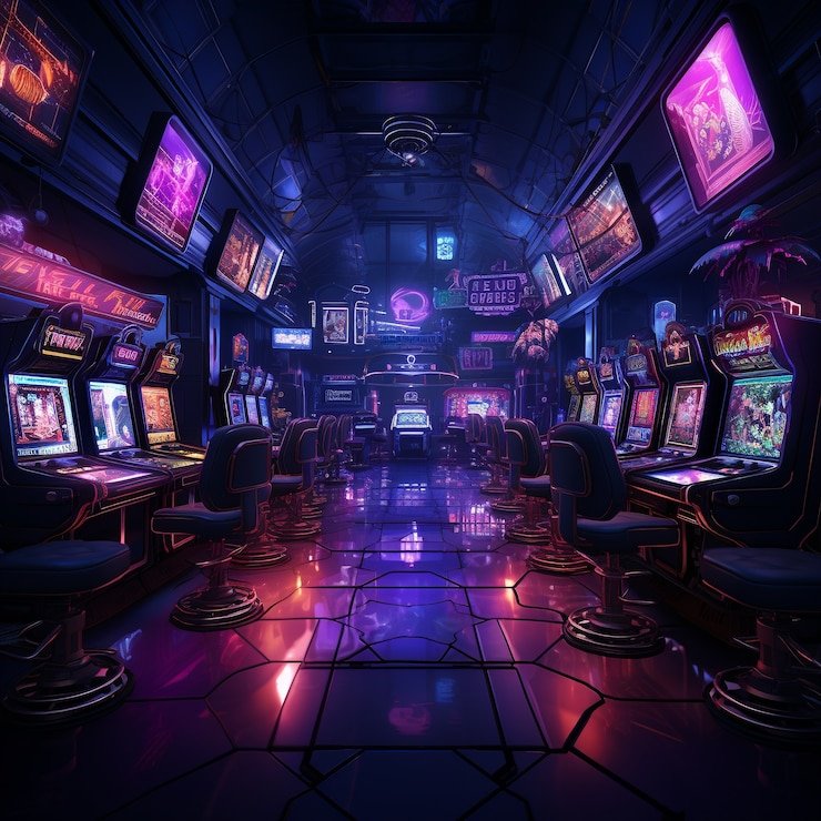 Tampilan animasi serta kontrol slot virtual dengan tema futuristik neon merah